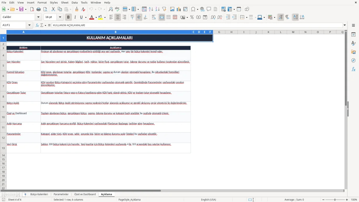 Ekran görüntüsü 4: Açıklama sekmesi - Excel şablonu proje bütçesi excel şablonu