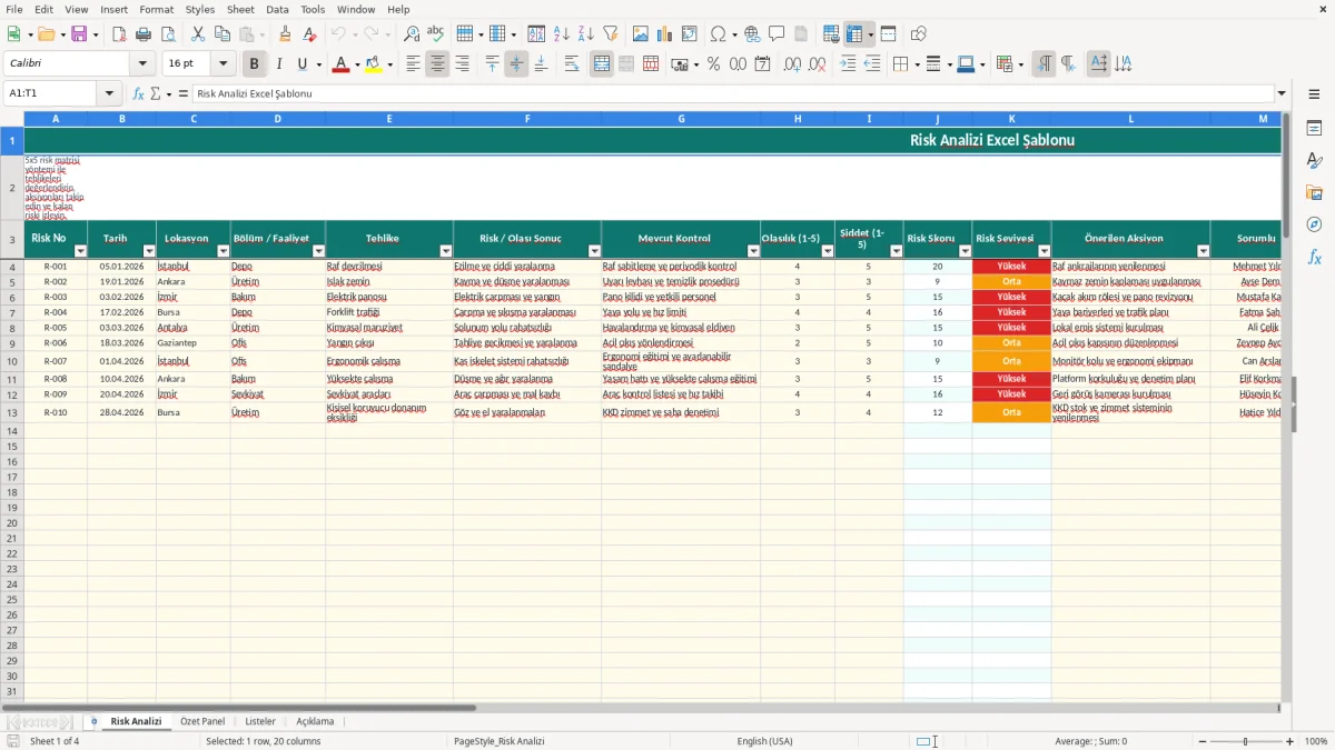 Ekran görüntüsü 1: Risk Analizi sekmesi - Excel şablonu risk analizi excel şablonu