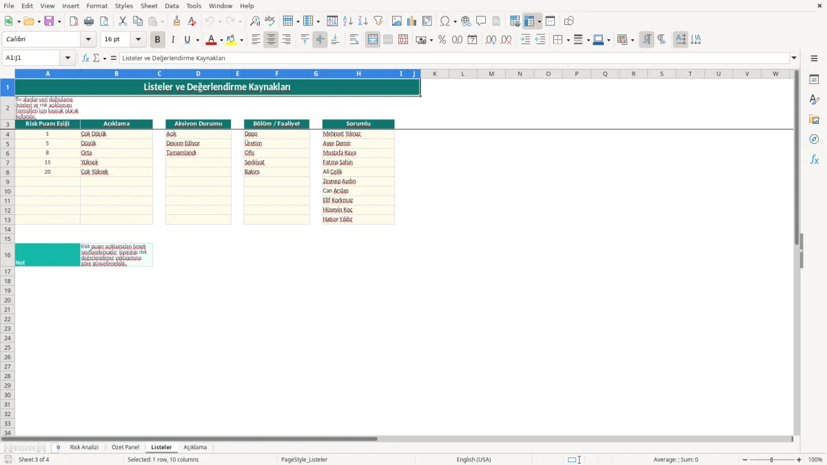 Ekran görüntüsü 3: Listeler sekmesi - Excel şablonu risk analizi excel şablonu