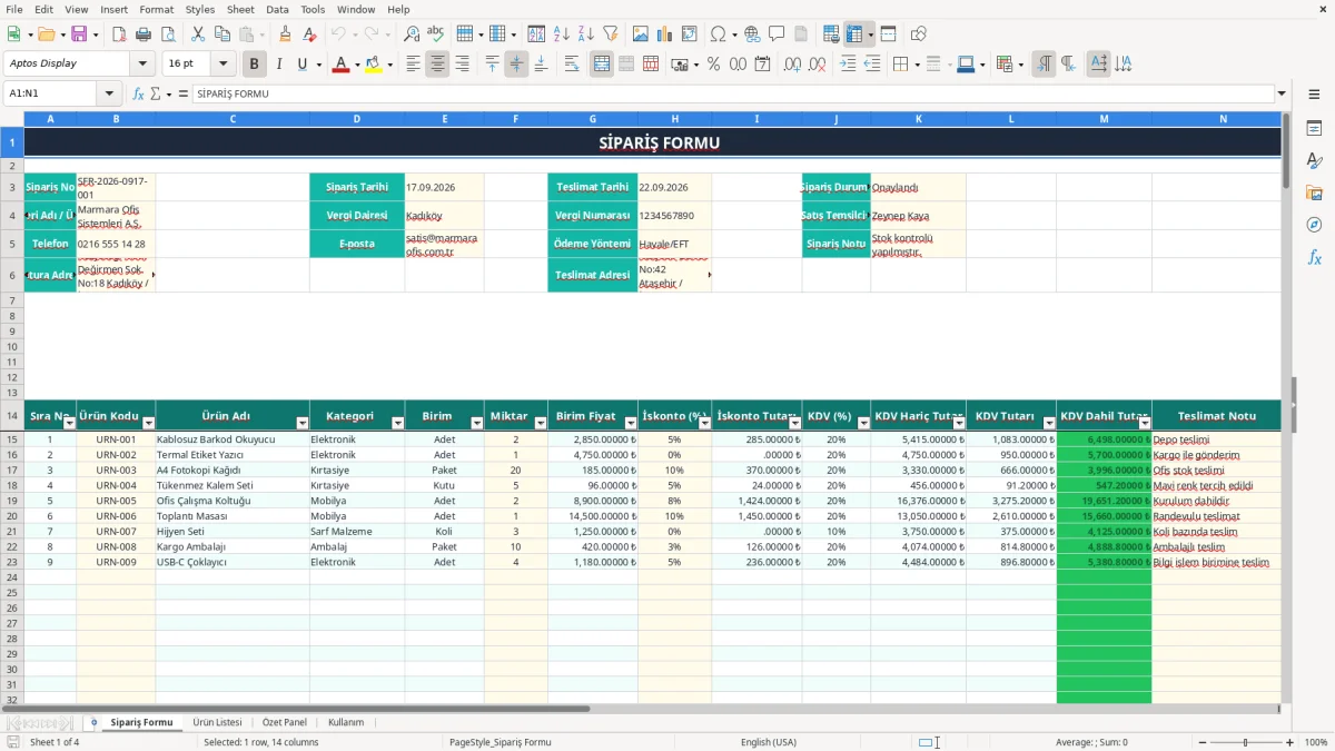 Ekran görüntüsü 1: Sipariş Formu sekmesi - Excel şablonu sipariş formu excel şablonu