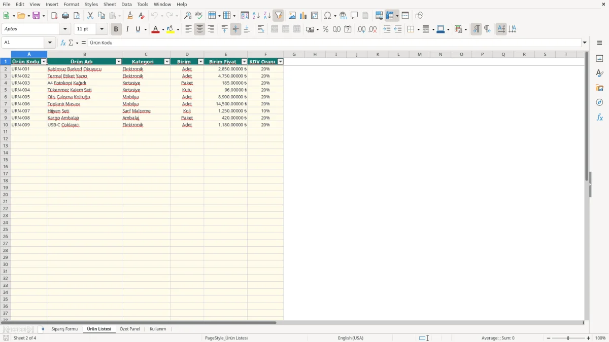 Ekran görüntüsü 2: Ürün Listesi sekmesi - Excel şablonu sipariş formu excel şablonu