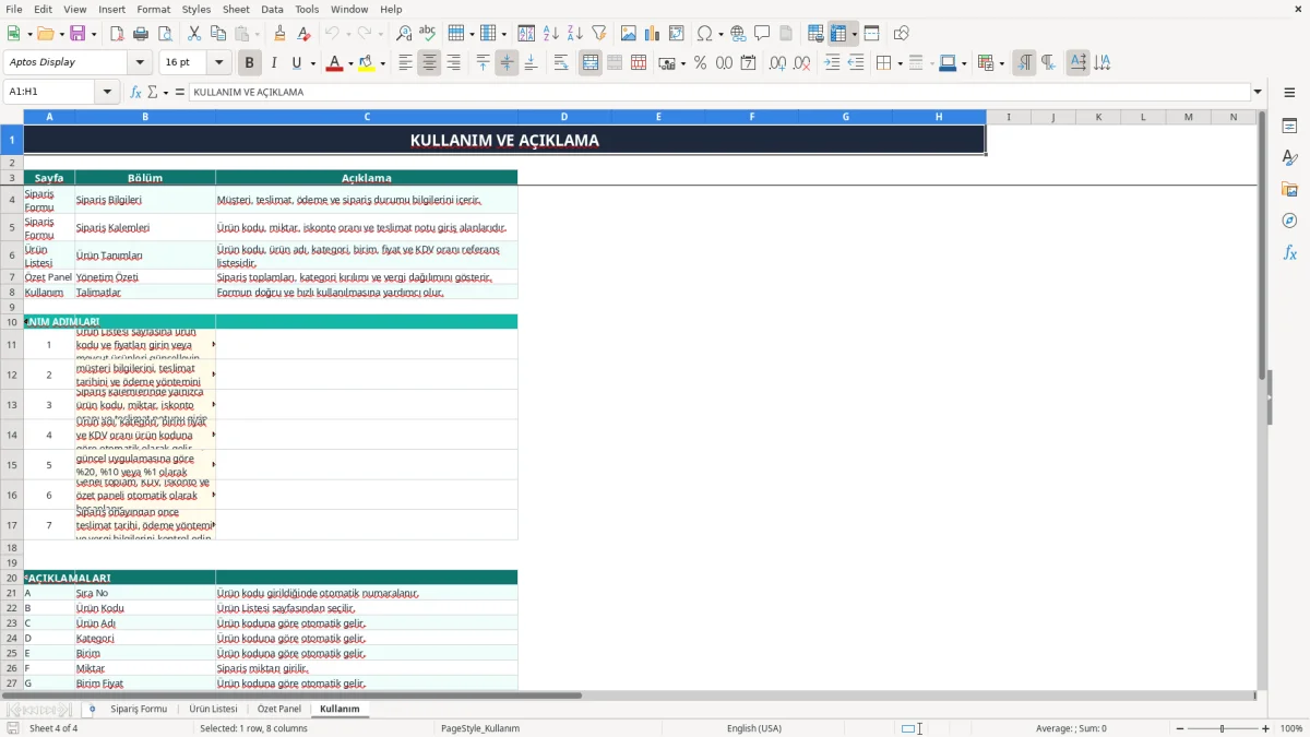 Ekran görüntüsü 4: Kullanım sekmesi - Excel şablonu sipariş formu excel şablonu