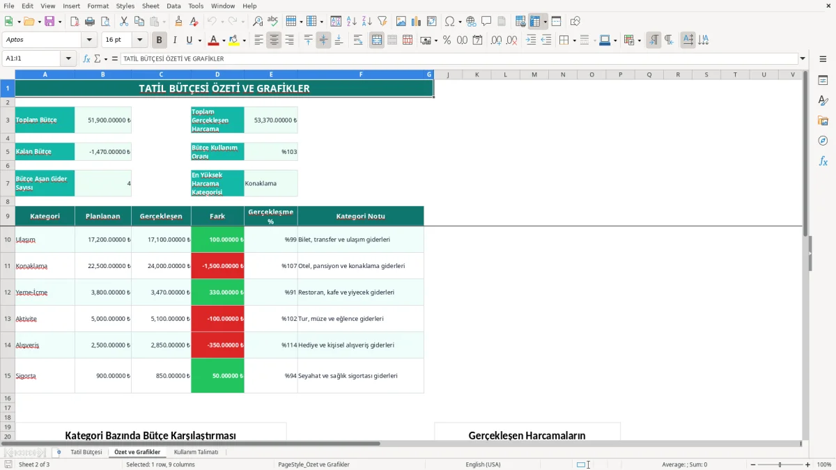 Ekran görüntüsü 2: Özet ve Grafikler sekmesi - Excel şablonu tatil bütçesi excel şablonu