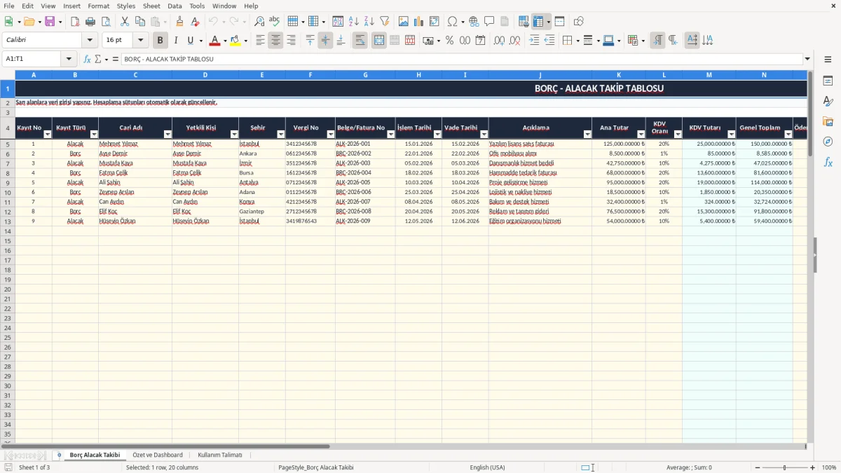Ekran görüntüsü 1: Borç Alacak Takibi sekmesi - Excel şablonu borç alacak takibi excel şablonu