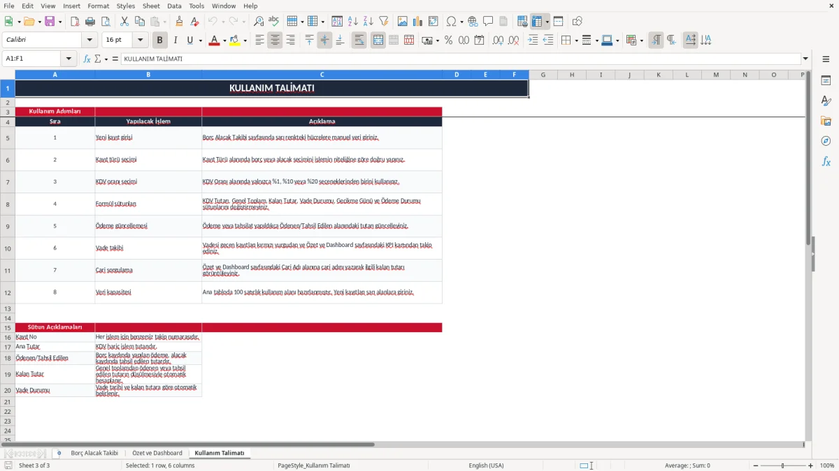Ekran görüntüsü 3: Kullanım Talimatı sekmesi - Excel şablonu borç alacak takibi excel şablonu